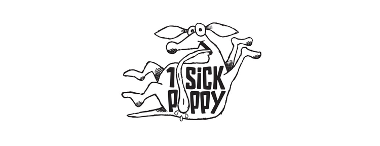 One Sick Puppy logo. Carton dog on his back. The head of the dog is above the body. The body of the dog has "1 Sick Puppy" on it. The dog's extra long tongue extends down to form the "u" in "Puppy"